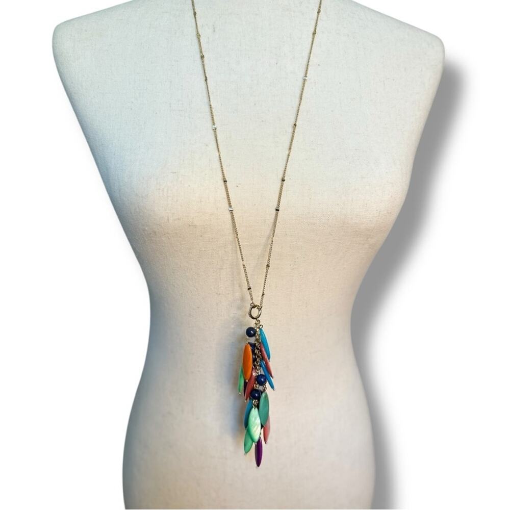 Statement Necklace - Multicolored Beaded Necklace with Long Gold Chain